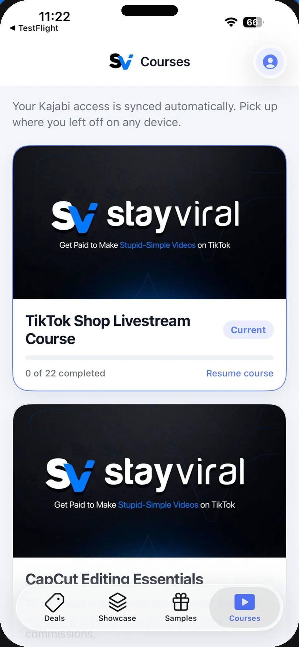 Stay Viral app Courses screen showing the TikTok Shop Livestream Course and CapCut Editing Essentials
